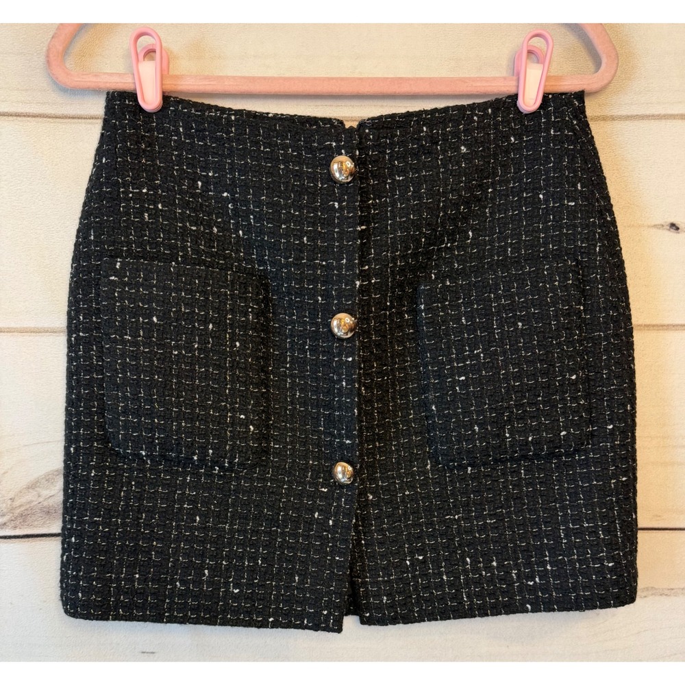 CAARA Womens Black White Tweed Button Front Mini Skirt Size S Gold Hardware
